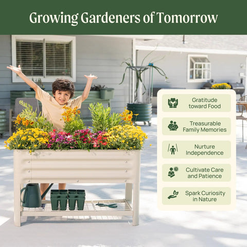 Kid Friendly Elevated Garden Bed With Legs And Storage Rack For Outdoor Use Durable Food Safe VZ Two Point Zero Steel Raised Bed