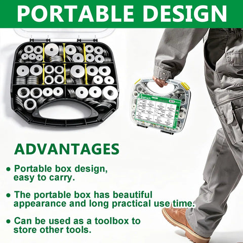 Carrying case of 455 Piece 304 Stainless Steel Fender Washer Kit with 15 size options for bolts and screws M3 to M12