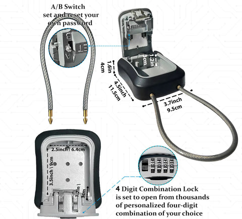 Open Portable Key Lock Box With Cable Shackle And Wall Mount Waterproof Metal Key Safe For 4 Digit Resettable Code Zinc Alloy
