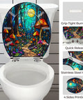 Toilet Seat Round Resin Bathroom with vibrant stained glass forest design, fitting standard toilet sizes, including installation details.