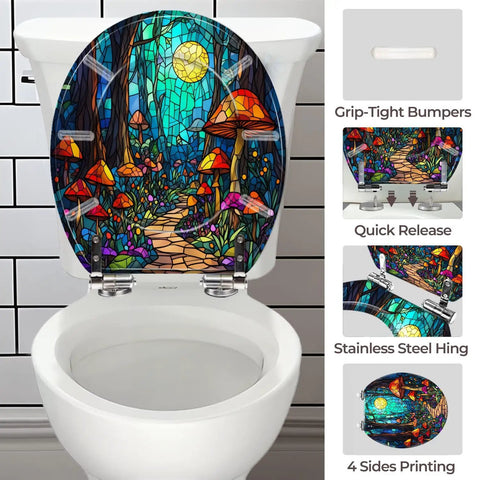 Toilet Seat Round Resin Bathroom with vibrant stained glass forest design, fitting standard toilet sizes, including installation details.