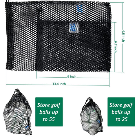2 Pack Nylon Mesh Bags With Drawstring For Golf Ball Storage And Sports Gear Organizer, dimensions 13.4x9.5in & 9x6.7in