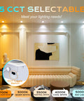 Living room with 4 Pack 4 Inch Swivel LED Recessed Light With Junction Box IC Rated, showing five color temperatures, wall art, and sofa.