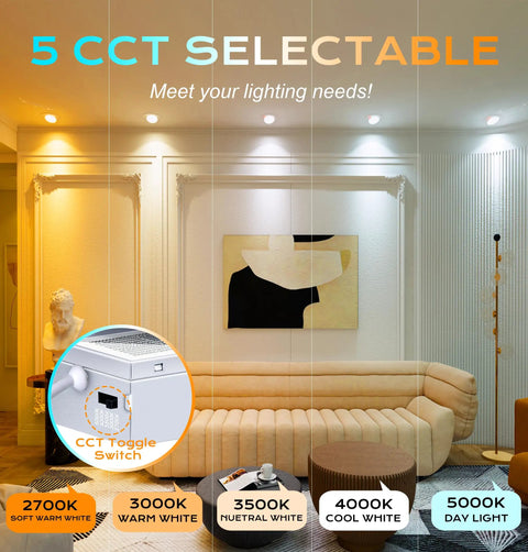 Living room with 4 Pack 4 Inch Swivel LED Recessed Light With Junction Box IC Rated, showing five color temperatures, wall art, and sofa.