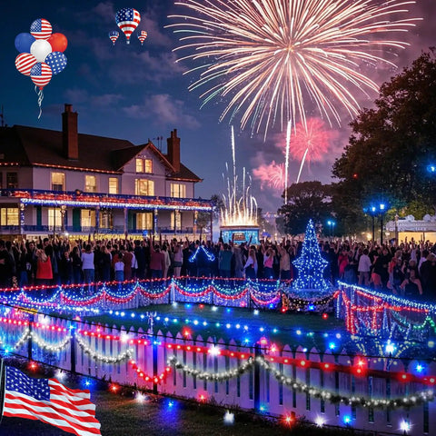 4Th Of July 95Ft 240LED Red White And Blue String Lights Extra Long Connectable Waterproof Twinkle Lights at a festive party