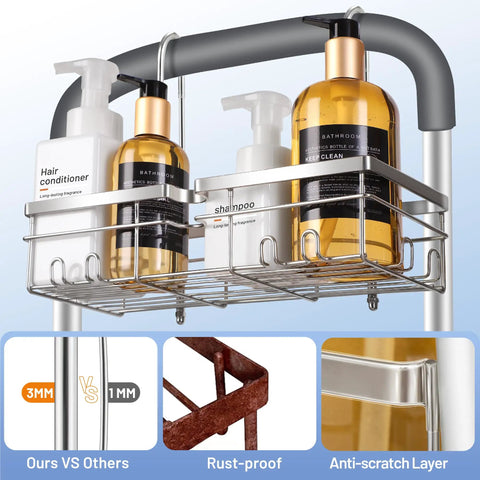 Sturdy 304 Stainless Steel Shower Caddy Hanging Organizer for Shower Chairs and Benches Designed for Elderly Seniors and Disabled Bath Time Use No Fuss Easy Install Rustproof Water Resistant Keeps Toiletries Within Reach in the Shower with anti-scratch layer.