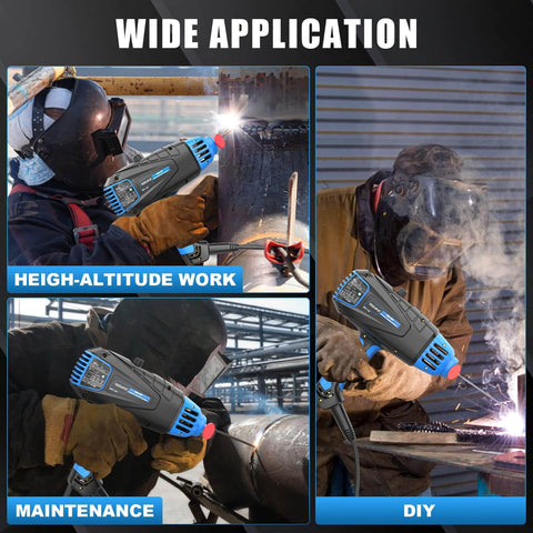 Collage of Portable Arc Welding Gun 110V 90A Stick Welder with IGBT Inverter in various settings: high-altitude, maintenance, DIY.