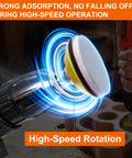 64 Piece 2 Inch Sanding Disc Pad Kit With Hook And Loop Backing on drill, shown polishing wooden surface, features high-speed rotation