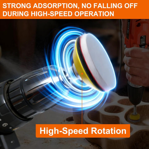 64 Piece 2 Inch Sanding Disc Pad Kit With Hook And Loop Backing on drill, shown polishing wooden surface, features high-speed rotation
