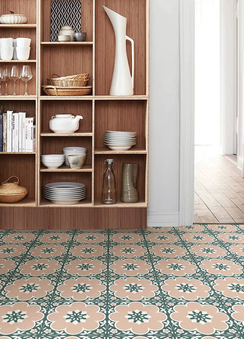 Kitchen with Pink Daphne Floral Peel And Stick Vinyl Floor Tiles 12x12 Inches Set Of 10 Easy No Mess Install Water Resistant and Washable DIY Sq Ft Per Carton Retro Vintage Floral Design For Quick DIY Floors