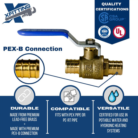 Image of Three Quarter Inch Pex Ball Valve Blue Cold Brass 400 PSI Hundred Pack For All Pex Tubing Brands Works With Crimp Or Clamp