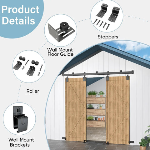 8ft Beefy Box Rail Exterior Barn Door Hardware Kit For Sliding Barn Doors, outdoor ready, shown installed on a wooden barn.