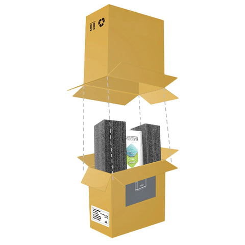 Heavy Duty 2400W Step Down Voltage Converter for US to Europe use packaging showing internal foam and instructions
