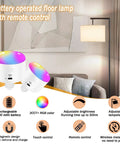 Battery operated floor lamp with remote control, 10000mAh RGB dimmable lighting vibe, displayed in a modern living room with couch.