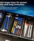 5 Piece Extra Large Power Tool Drawer Organizer Tray Set With EVA Non Slip Pads Deep Dividers For Cordless Drills Impact Drivers Torque Wrenches And Other Bulky Tools in metal drawer filled with hand tools like hammers and wrenches.
