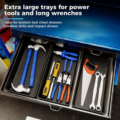 5 Piece Extra Large Power Tool Drawer Organizer Tray Set With EVA Non Slip Pads Deep Dividers For Cordless Drills Impact Drivers Torque Wrenches And Other Bulky Tools in metal drawer filled with hand tools like hammers and wrenches.