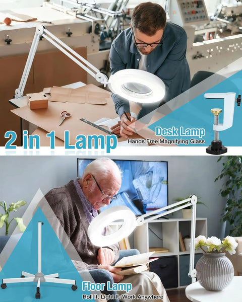 Lit LED Magnifying Lamp With Stand and Rolling Base, desk and floor use, 4.9 inch lens, 2200 lumens, shown with users reading and crafting