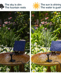 DIY Solar Water Pump Kit For Outdoor Water Features With Six Nozzles in garden showing resting and active modes with sunlight.