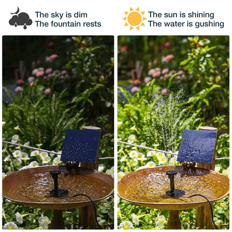 DIY Solar Water Pump Kit For Outdoor Water Features With Six Nozzles in garden showing resting and active modes with sunlight.