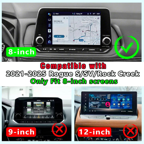 Compatibility guide for Center Console Organizer for 2021-2026 Nissan Rogue S SV Rock Creek featuring 8-inch screen compatibility.