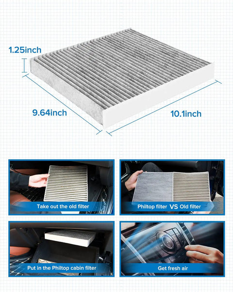 Cabin Air Filter With Activated Carbon For Volkswagen Vehicles Including Jetta Tiguan Atlas showing dimensions and installation steps