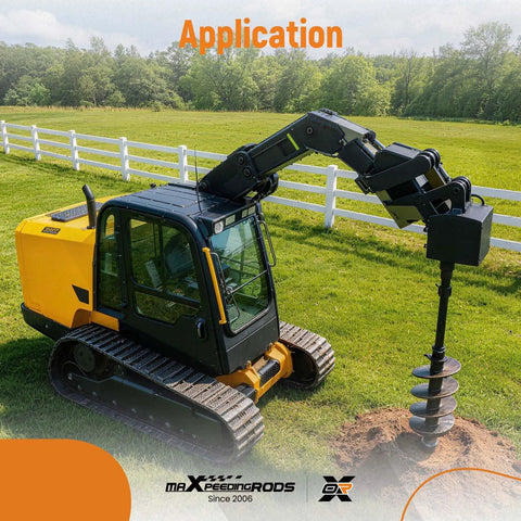 Dead Simple Auger Adapter Coupler Swapping Two Inch Female Round Drives For Two Inch Male Hex Bits On Mini Skid Steers And Post Hole Diggers With Quick Three Quarter Pin Lock Mount in use on a mini skid steer.