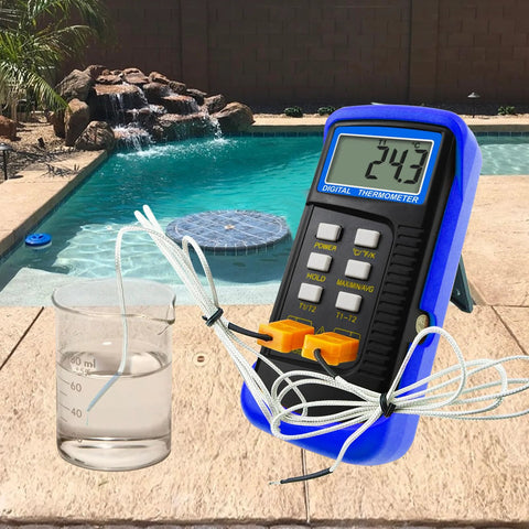 Digital K-type dual-channel thermocouple thermometer with 4 probes in blue case for HVAC temp measurement.