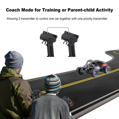 Two people using a 10 Channel 2.4GHz RC Transmitter with Coach Mode to control an RC crawler on a road.