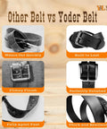 Comparison between other belt and Yoder belt; Yoder belt shown as extra thick bridle leather belt, durable and polished.
