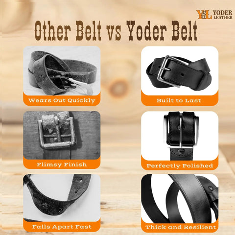Comparison between other belt and Yoder belt; Yoder belt shown as extra thick bridle leather belt, durable and polished.
