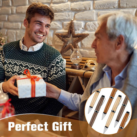 Two men exchanging gifts with Six Pack Woodturning Pen Kit With Refills Twist Pens For DIY Lathe Turning Black And Silver Set inset.