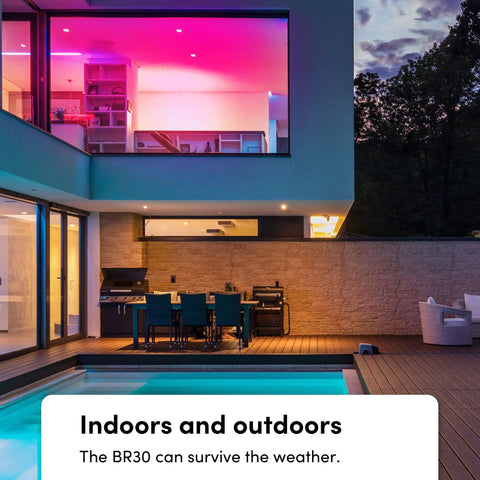 Outdoor patio with pink-lit windows showcasing Wi-Fi Smart Infrared BR30 LED Bulb With 1100 Lumens, Billions Of Colors And Whites