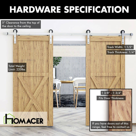 Brushed Nickel Sliding Barn Door Hardware Kit For Two Doors installed on wooden doors, showing 13ft flat track and details.
