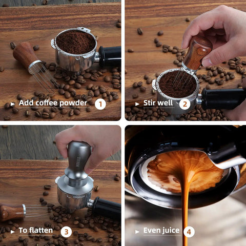 Espresso WDT Tool With Walnut Wood Handle for Baristas and Coffee Nerds in use with portafilter and coffee beans
