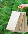 Brown Kraft Paper Bags With Handles 10x5x13 Inches 500 Pack Durable Reusable Eco Friendly Shopping Gift Bags For Party Merchandise Lunch Grocery Use Everyday held by hand in green outdoor setting