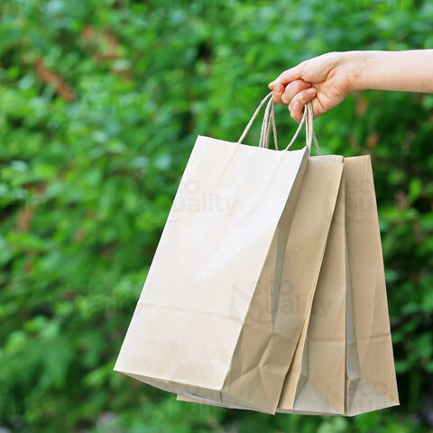 Brown Kraft Paper Bags With Handles 10x5x13 Inches 500 Pack Durable Reusable Eco Friendly Shopping Gift Bags For Party Merchandise Lunch Grocery Use Everyday held by hand in green outdoor setting