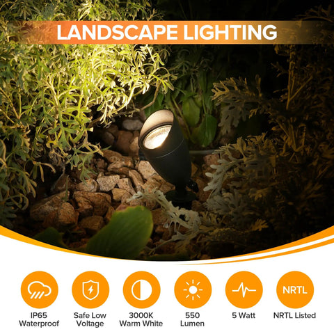 4 Pack 12V Low Voltage Landscape Lighting Kit illuminating garden, IP65 Waterproof Die-Cast Aluminum Spotlight Path Lights, 5W 550LM 3000K