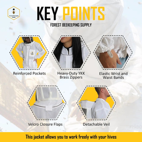 Ventilated Beekeeping Jacket With Fencing Veil Hood, Ultra Light Air Mesh showing reinforced pockets and detachable veil