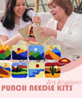 Two women using Easy To Use Punch Needle Coaster Kit For Beginners With Embroidery Tools Set DIY Craft Supplies 8 Landscape Pattern Projects.