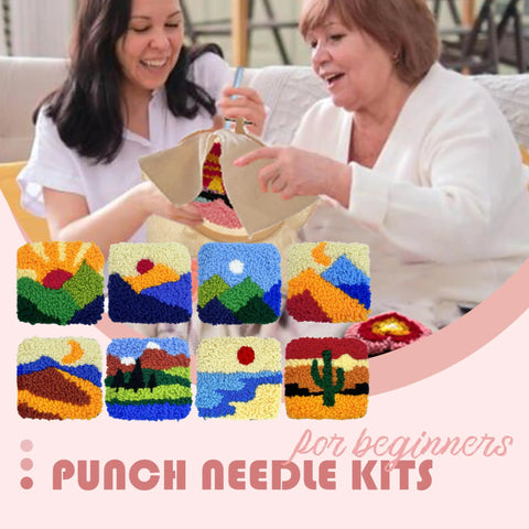 Two women using Easy To Use Punch Needle Coaster Kit For Beginners With Embroidery Tools Set DIY Craft Supplies 8 Landscape Pattern Projects.