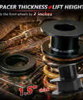 Drop In Ready Heavy Duty Two Inch Front Leveling Kit With Strut Spacers And Shock Extenders Compatible With Ford F250 And F350 Super Duty Four Wheel Drive Trucks shows strut spacers and shock extenders.