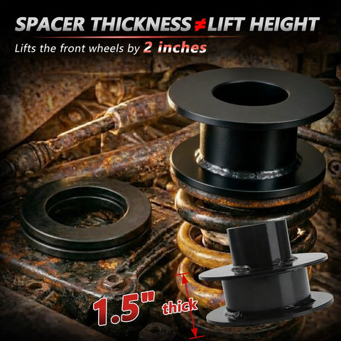 Drop In Ready Heavy Duty Two Inch Front Leveling Kit With Strut Spacers And Shock Extenders Compatible With Ford F250 And F350 Super Duty Four Wheel Drive Trucks shows strut spacers and shock extenders.