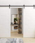 Modern Double Barn Door 84 By 96 Inches Painted White With 13 Foot Slick Rail Track Sliding System For Interior Doors Solid Panel Design