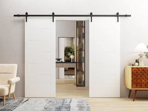 Modern Double Barn Door 84 By 96 Inches Painted White With 13 Foot Slick Rail Track Sliding System For Interior Doors Solid Panel Design