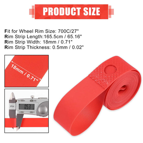Red PVC Rim Tape For 700C 27 Inch Bike Wheels, Rim Liner Strip To Protect Inner Tube And Prevent Flats measured dimensions
