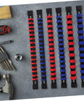 Slick 6 Piece Socket Organizer Tray With Fast Match Labels and chunky base displayed on a workbench for tool organization.