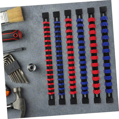 Slick 6 Piece Socket Organizer Tray With Fast Match Labels and chunky base displayed on a workbench for tool organization.
