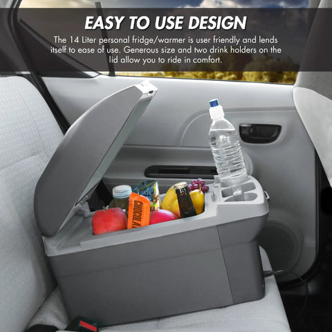 Portable 14 Liter Thermoelectric Cooler Warmer With 12 Volt Dc Power For Car Rv And Camping Use showing snacks and drinks stored inside.