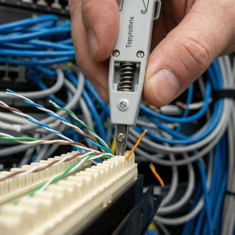 Pro Grade Impact Punch Down Tool And Integrated Wire Stripper RJ45 Crimping Kit For Cat6 Cat5e Ethernet Cables in use, trimming wires.