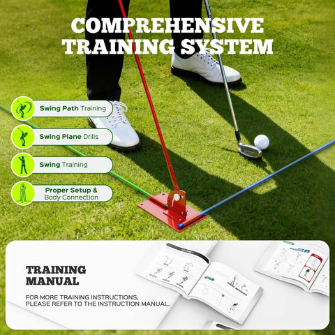 Three Hole Golf Alignment Stick Holder with Tri Grip Tripod Base and 3 Metal Alignment Sticks in swing path training setup